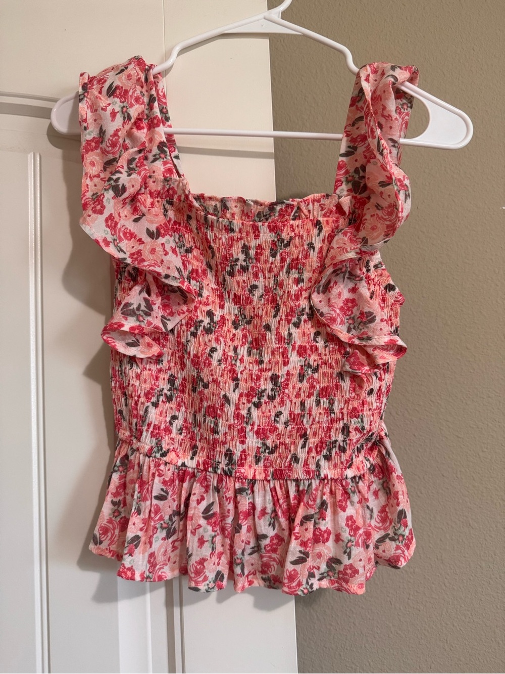 Lee Pink Floral Smocked Ruffle Tank